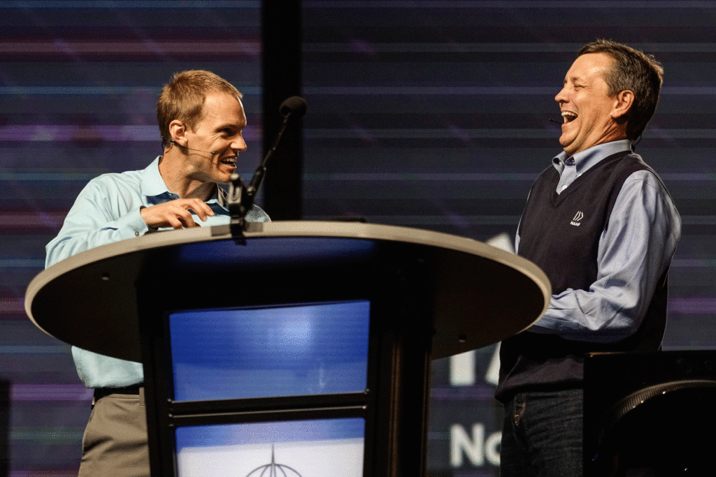 David Platt, president of the International Mission Board, jokes with Kevin Ezell, president of the North American Mission Board, after the Joint Mission Presentation at the annual meeting of the Southern Baptist Convention in St. Louis Wednesday, June 15. Photo by Matt Miller