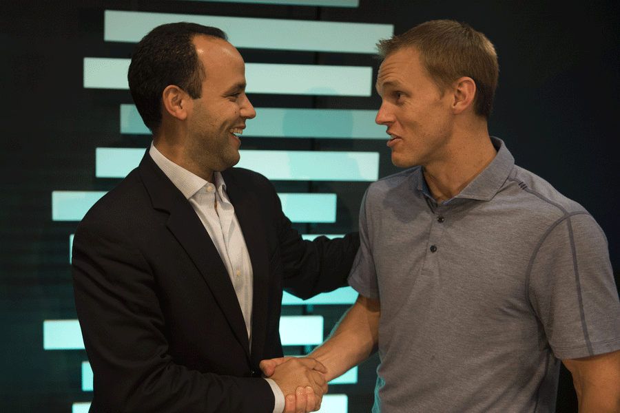 Edgar Aponte (left) receives a warm welcome as IMB vice president of mobilization from David Platt, IMB president, during the Aug. 24 trustee meeting. (IMB Photo by Roy M. Burroughs)