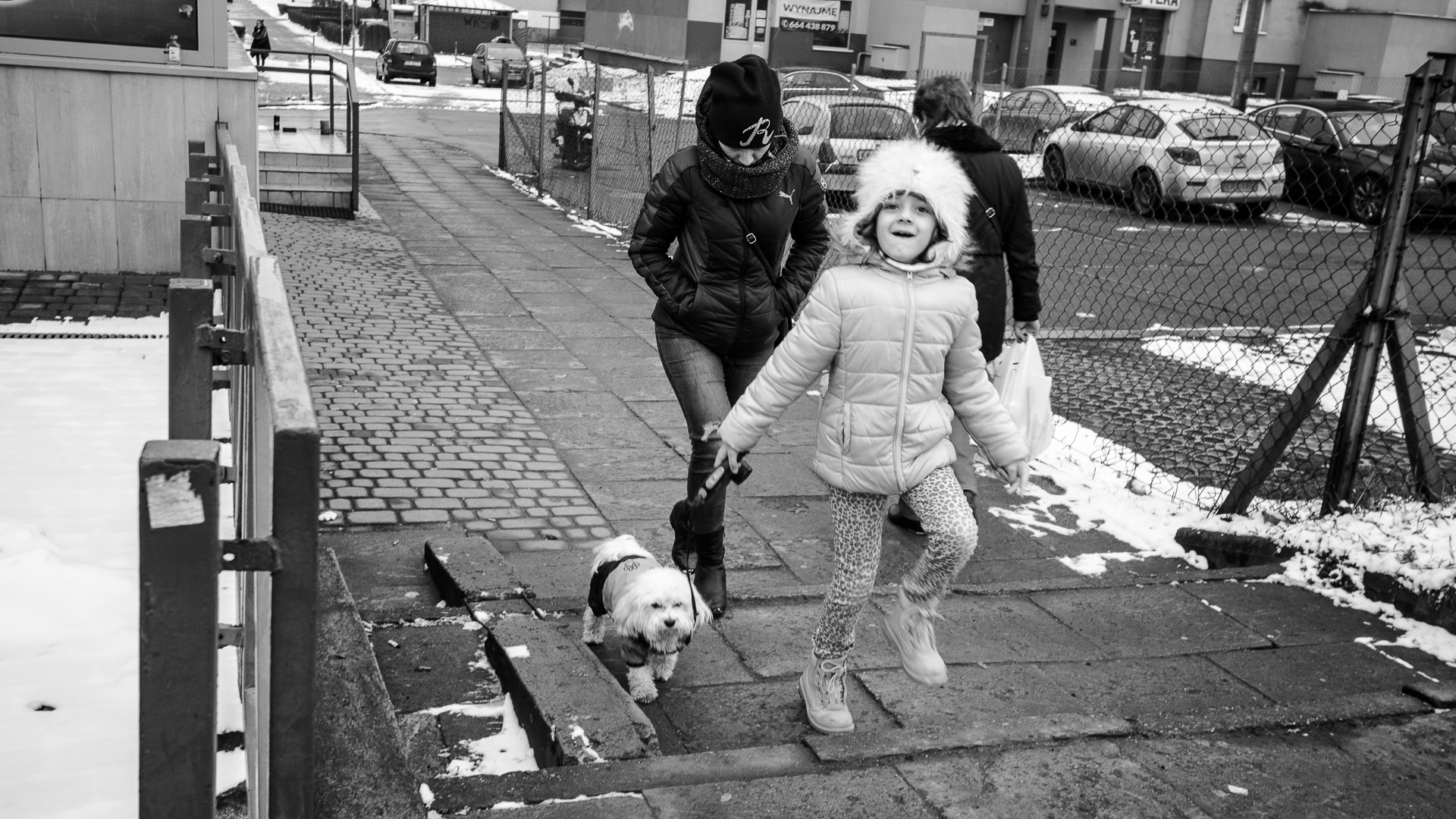 A girl walks her dog on the streets of Nowa Huta. 