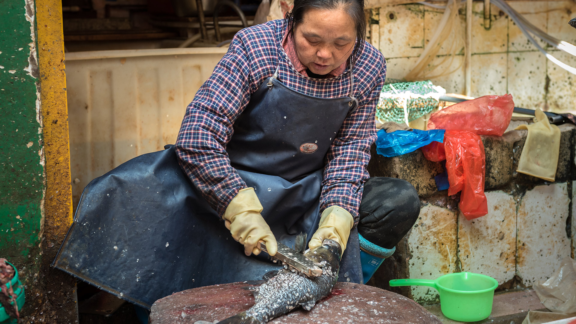 A woman in East Asia prepares fish for sale in a wet market. 