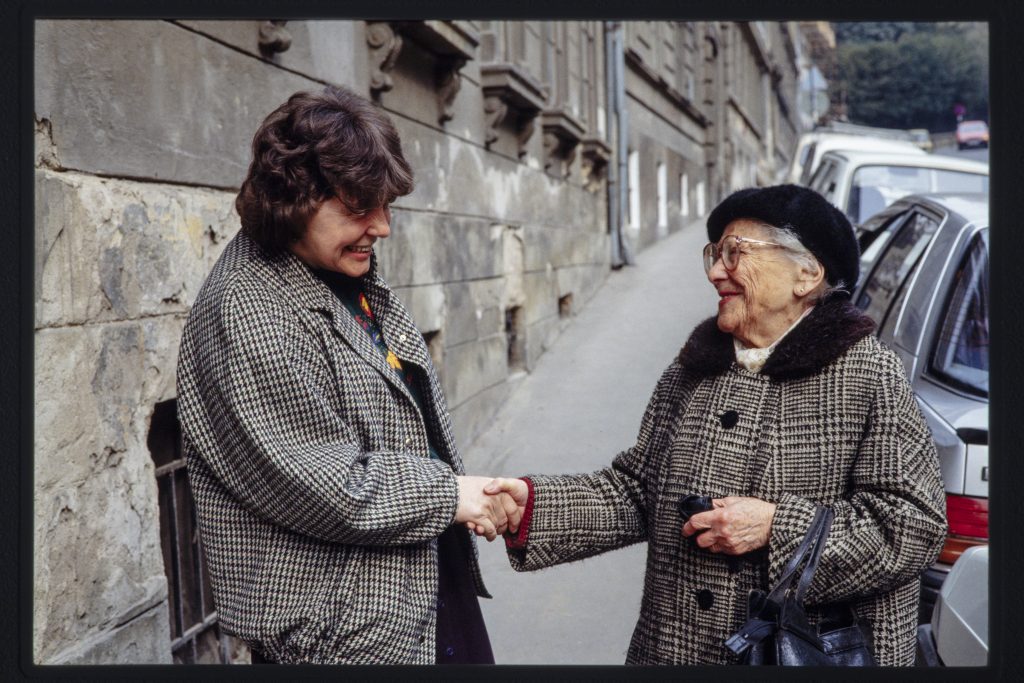 Nela Williams, who lives in Zagreb, walks to church with a friend, Mrs. Ruzica Macus.