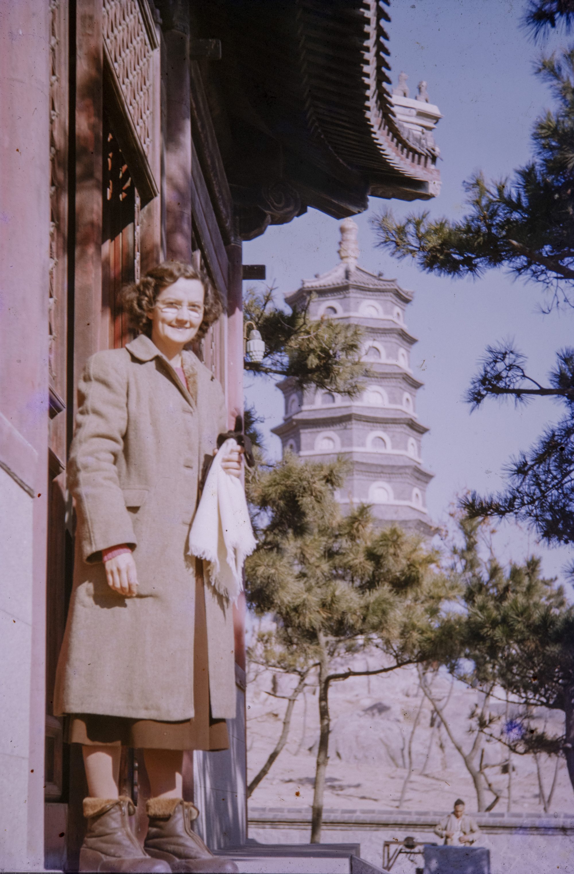 Catherine Walker visits the pagoda and temple at Tsingtao, China, in 1949.