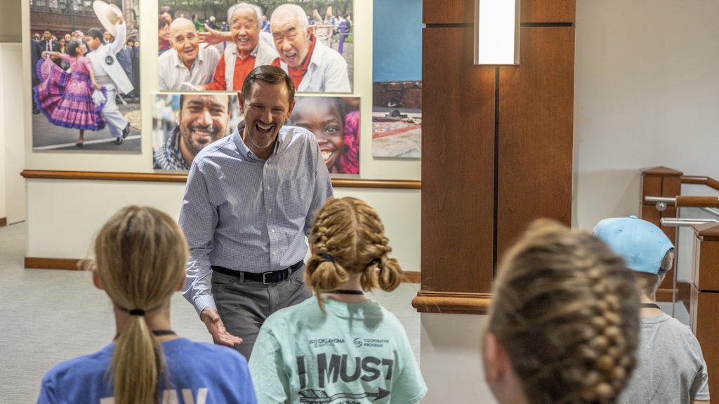 Paul Chitwood, IMB president, greets a group of fifth and sixth graders touring the IMB headquarters in Richmond, VA.