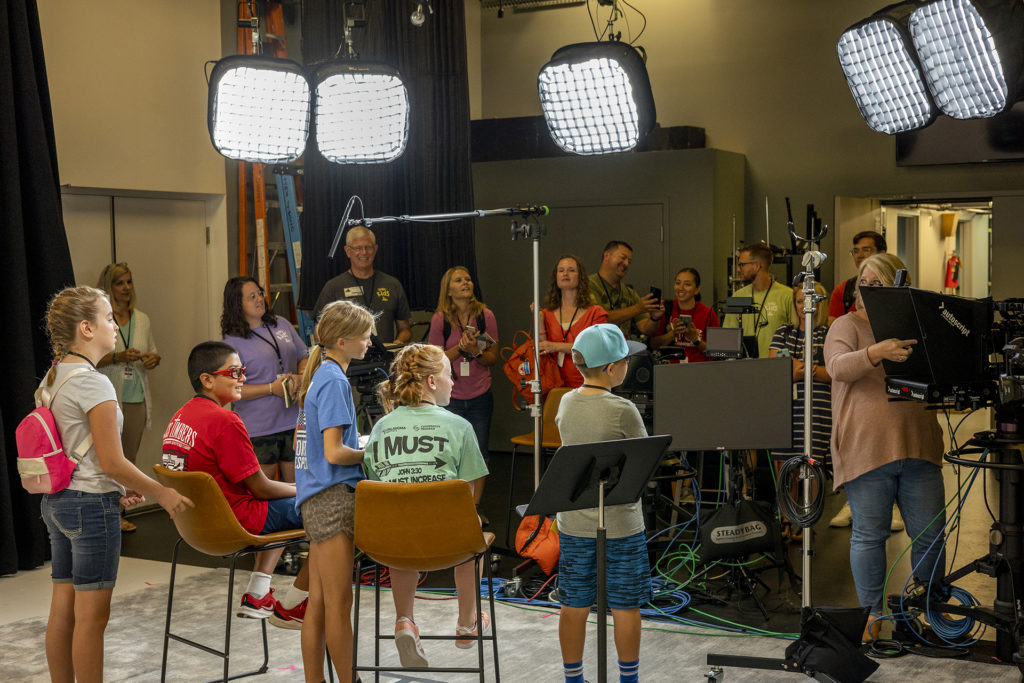 A group of fifth and sixth graders from Oklahoma stop by the studio on their tour of the IMB headquarters.
