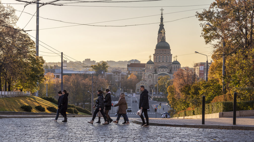 Pedestrians walk on the street in Kharkov, Ukraine. IMB Photo