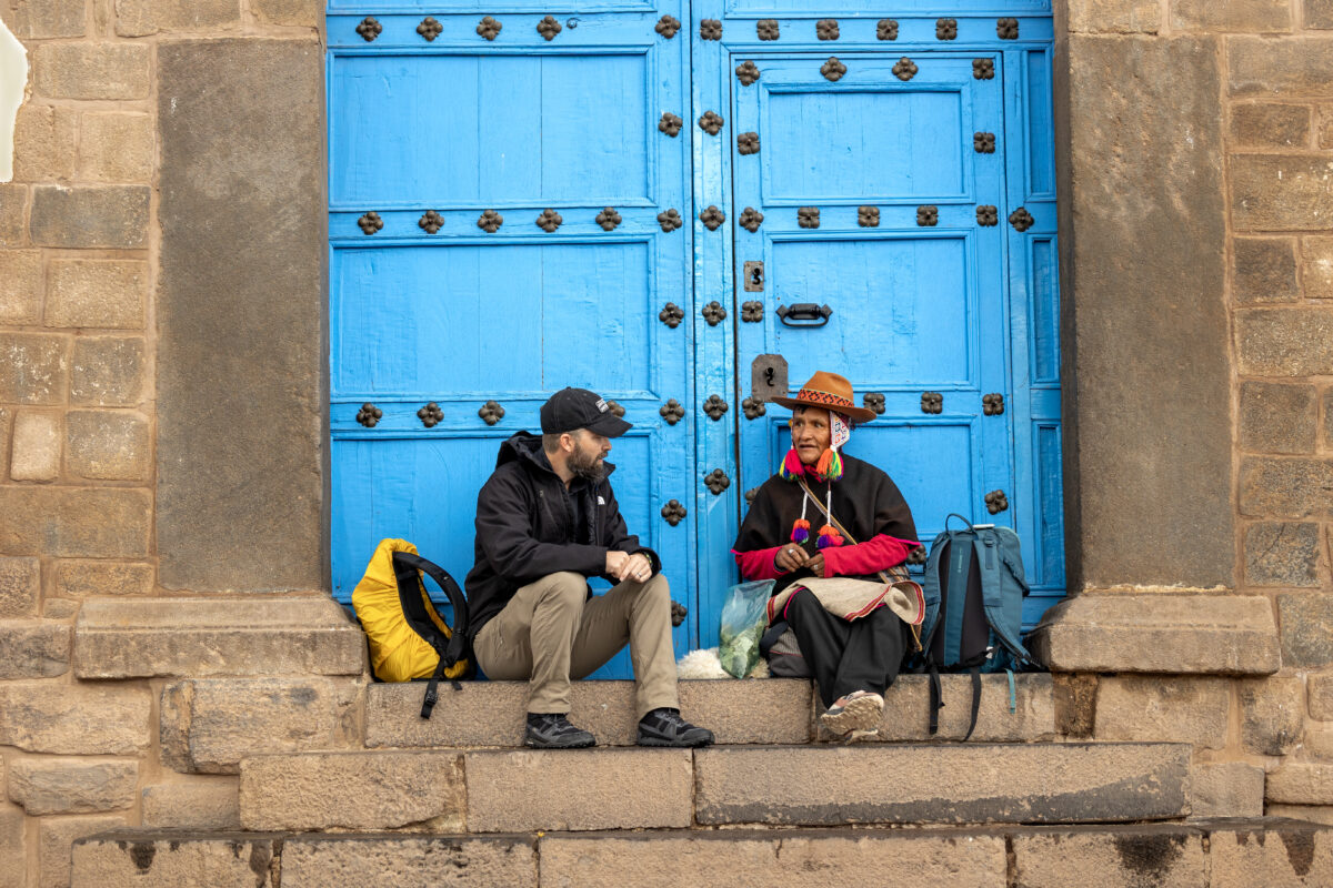 IMB missionary Josh Murphree, left, engages in a gospel conversation with a traditional healer in Peru. IMB Photo